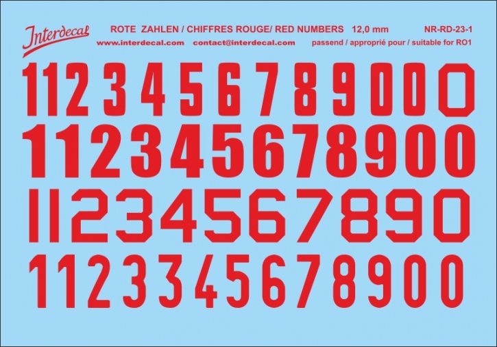 Numbers 01 for R01 12mm Waterslidedecals red 90x68mm INTERDECAL