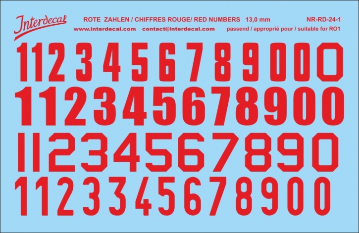 Numbers 01 for R01 13mm Waterslidedecals red 100x68mm INTERDECAL