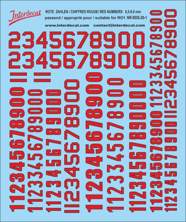Numbers 01 for R01-6,5-9mm Waterslidedecals red-black 100x90mm INTERDECAL