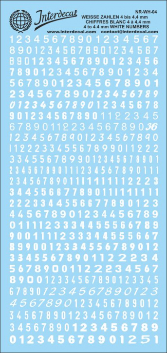 Numbers 04 4,0-4,4mm Waterslidedecals white 160x70mm INTERDECAL