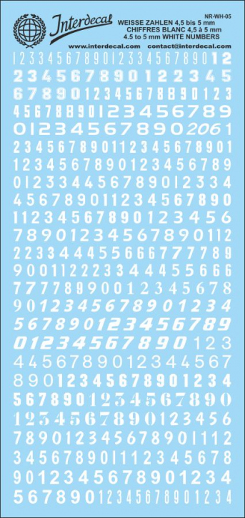 Numbers 05 4,5-5,0mm Waterslidedecals white 160x70mm INTERDECAL