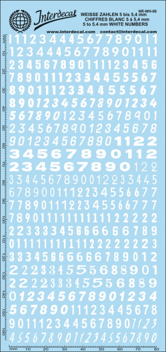 Numbers 06 5-5,4mm Waterslidedecals white 160x70mm INTERDECAL