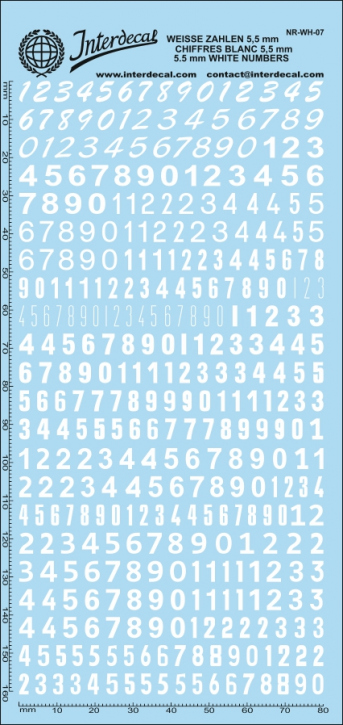 Numbers 07 5,5mm Waterslidedecals white 160x70mm INTERDECAL