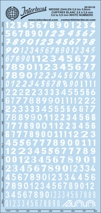 Numbers 08 5,6-5,9mm Waterslidedecals white 160x70mm INTERDECAL