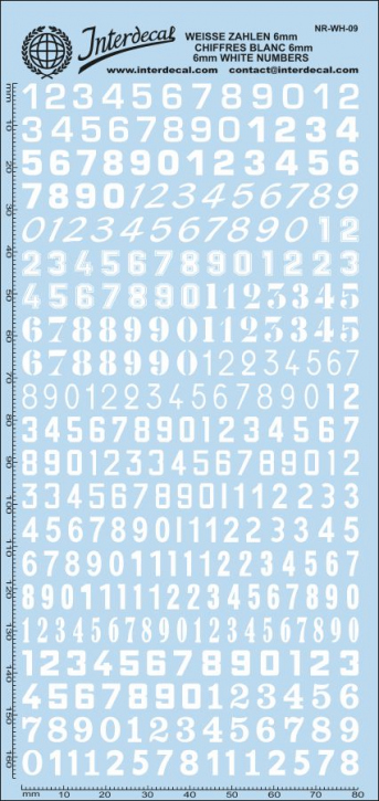 Numbers 09 6mm Waterslidedecals white 160x70mm INTERDECAL