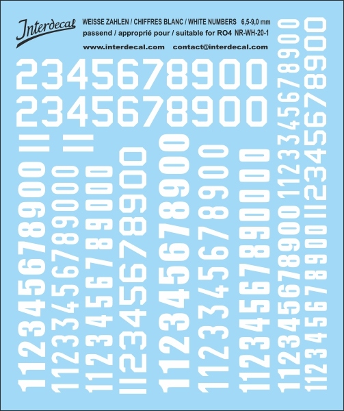 Numbers 01 for R04 6,5-9mm Waterslidedecals white 100x90mm INTERDECAL
