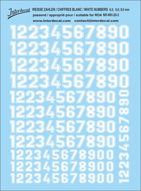 Numbers 03 for R04 6,5-9mm Waterslidedecals white 100x80mm INTERDECAL