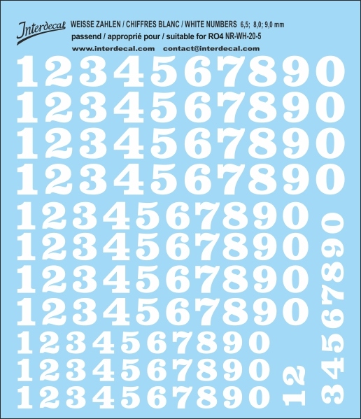 Numbers 05 for R04 6,5-9mm Waterslidedecals white 100x80mm INTERDECAL