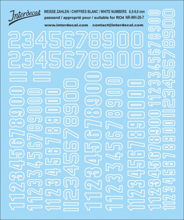 Numbers 07 for R04 6,5-9mm Waterslidedecals white 100x90mm INTERDECAL