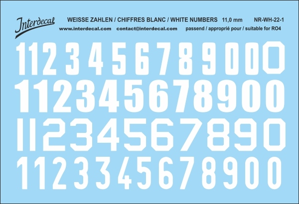 Numbers 01 for R04 11mm Waterslidedecals white 90x59mm INTERDECAL