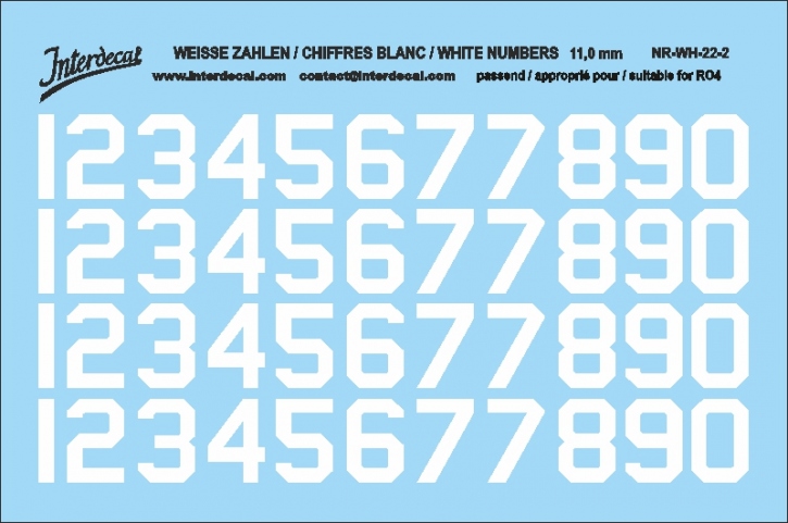 Weiße Zahlen 02 für RO4 11 mm  (100 x 69 mm) NR-WH-22-2