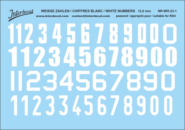 Numbers 01 for R04 12mm Waterslidedecals white 90x68mm INTERDECAL