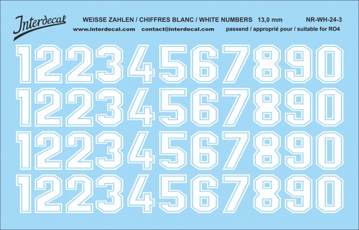 Numbers 03 for R04 13mm Waterslidedecals white 100x68mm INTERDECAL