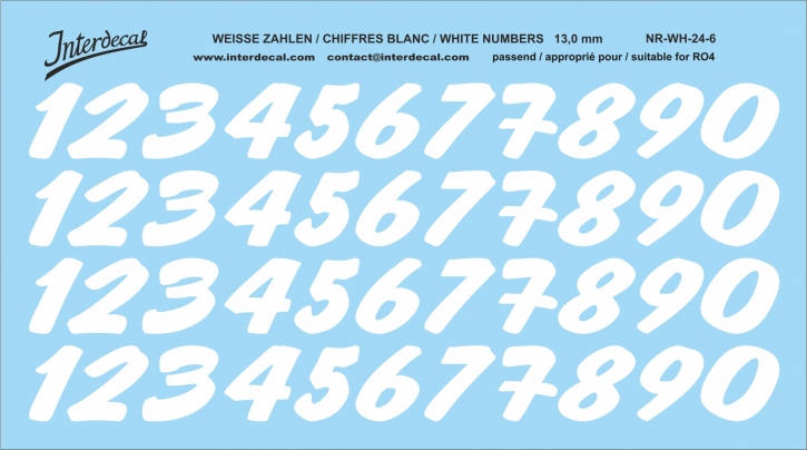 Weiße Zahlen 06 für RO4 6,5-9 mm 122x105 mm NR-WH-20-6  Decal Naßschiebebild 