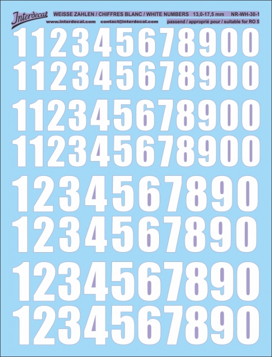 Numbers for R05 13-17,5mm Waterslidedecals white 140x112mm INTERDECAL