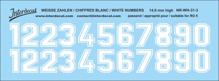 Numbers 03 for R05 14mm, high Waterslidedecals white 109x38mm INTERDECAL