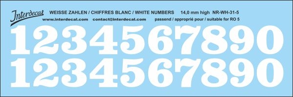White numbers 05 for RO5 14 mm high  (142x47 mm) NR-WH-31-5