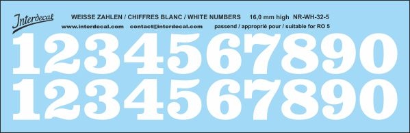 Numbers 05 for R05 16mm, high Waterslidedecals white 141x42mm INTERDECAL