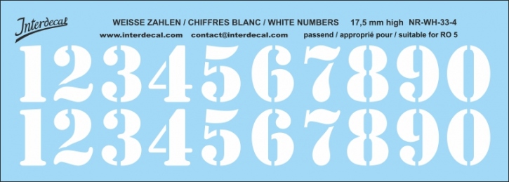 Weiße Zahlen 04 für RO5  17,5 mm hoch (148x56 mm) NR-WH-33-4