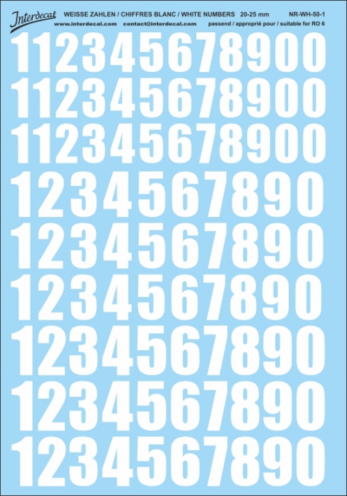 Numbers for R06 50 20-25mm Waterslidedecals white 230x165mm INTERDECAL
