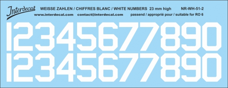 Weiße Zahlen 02 für RO6  23mm hoch  (184x71 mm) NR-WH-51-2