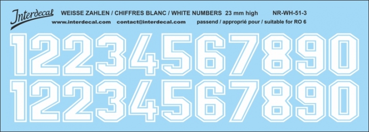 Weiße Zahlen 03 für RO6  23mm  hoch (198x71 mm) NR-WH-51-3