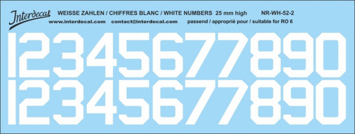 Weiße Zahlen 02 für RO6  25mm (198x75 mm) NR-WH-52-2