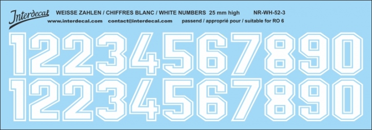 Weiße Zahlen 03 für RO6  25mm (214x75 mm) NR-WH-52-3
