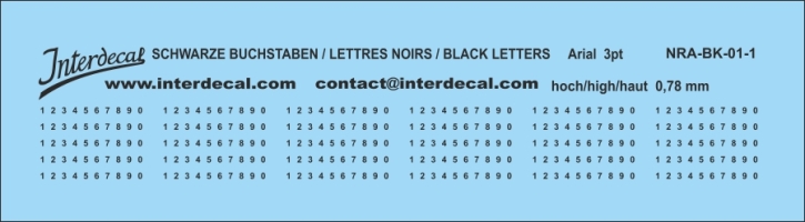 Zahlen Arial 01 3pt 0,78mm hoch Naßschiebebild Decal schwarz 87x8,7mm