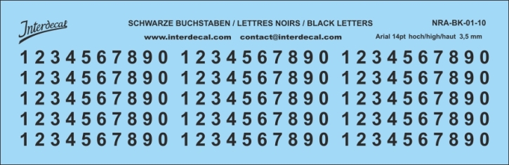 Numbers Arial 10 14pt 3,5mm high Waterslidedecals black 125x25mm INTERDECAL