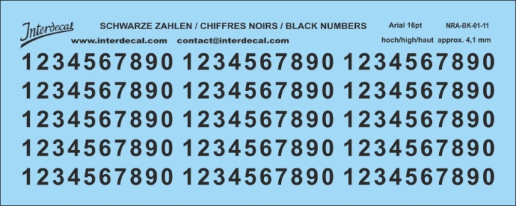 Zahlen Arial 11 16pt 4,1mm hoch Naßschiebebild Decal schwarz 114x32mm