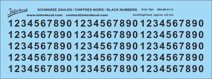 Numbers Arial 12 18pt 4,6mm high Waterslidedecals black 127x35mm INTERDECAL
