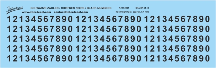 Numbers Arial 13 20pt 5,1mm high Waterslidedecals black 162x37mm INTERDECAL