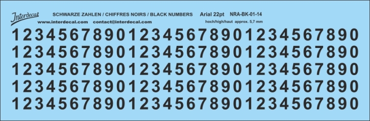 Numbers Arial 14 22pt 5,7mm high Waterslidedecals black 160x37mm INTERDECAL