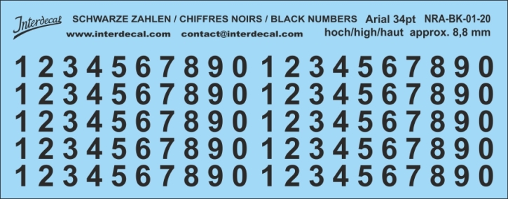 Numbers Arial 20 34pt 8,8mm high Waterslidedecals black 191x52mm INTERDECAL