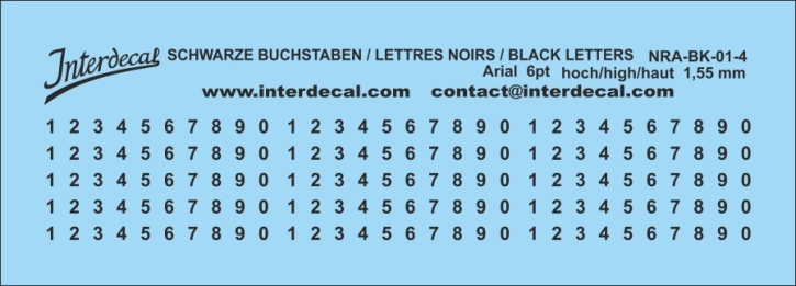 Numbers Arial 04 6pt 1,55mm high Waterslidedecals black 78x13mm INTERDECAL