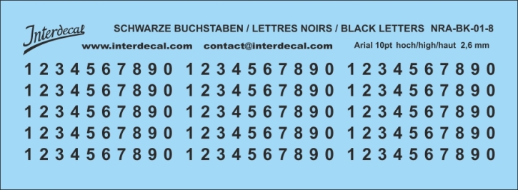 Zahlen Arial 08 10pt 2,6mm hoch Naßschiebebild Decal schwarz 99x20mm INTERDECAL