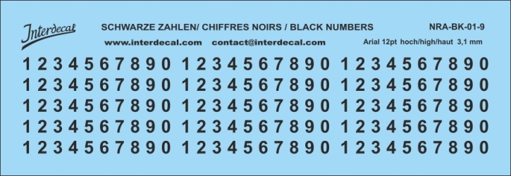 Numbers Arial 09 12pt 3,1mm high Waterslidedecals black 111x23mm INTERDECAL