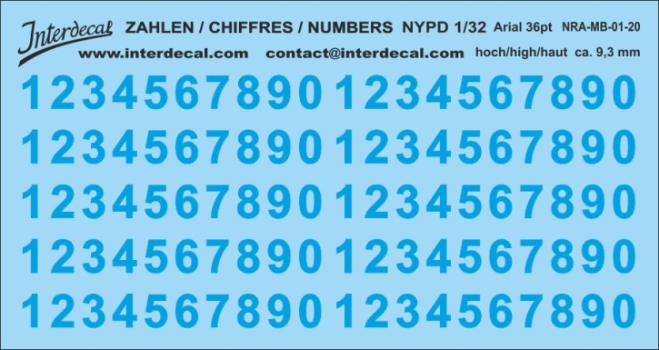 Zahlen Arial 36 pt  9,3 mm hoch Naßschiebebild Decal mittelblau 167x70mm