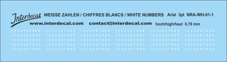 Zahlen Arial 01 3pt 0,78mm hoch Naßschiebebild Decal weiss 87x8,7mm INTERDECAL