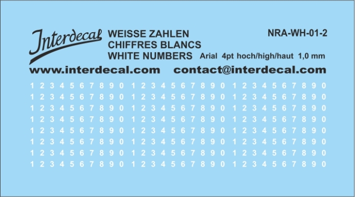 Zahlen Arial 02 4pt 1,0mm hoch Naßschiebebild Decal weiss 53x15mm INTERDECAL