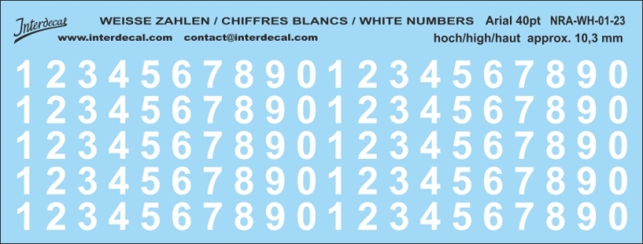 Zahlen Arial 23 40pt 10,3mm hoch Naßschiebebild Decal weiss 223x62mm INTERDECAL