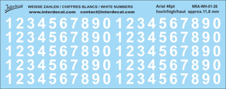 Numbers Arial 26 46pt 11,8mm high Waterslidedecals white 231x71mm INTERDECAL
