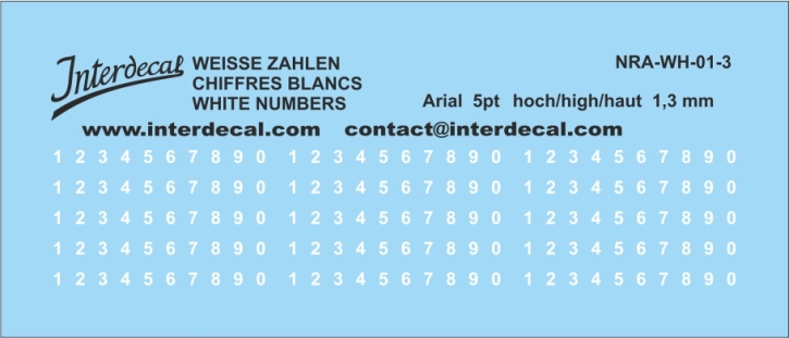Zahlen Arial 03 5pt 1,3mm hoch Naßschiebebild Decal weiss 66x13mm INTERDECAL