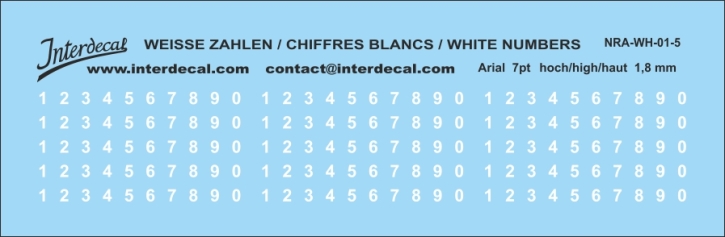 Zahlen Arial 05 7pt 1,8mm hoch Naßschiebebild Decal weiss 92x15mm INTERDECAL