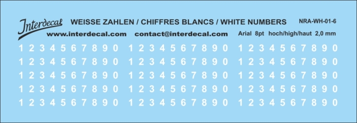 Zahlen Arial 06 8pt 2,0mm hoch Naßschiebebild Decal weiss 93x18mm INTERDECAL