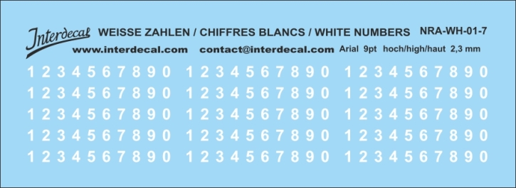 Numbers Arial 07 9pt 2,3mm high Waterslidedecals white 93x19mm INTERDECAL