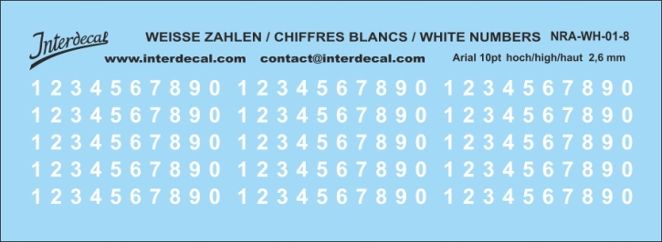 Chiffres Arial 08 10pt 2,6mm haut Décalcomanies blanc 99x20mm INTERDECAL