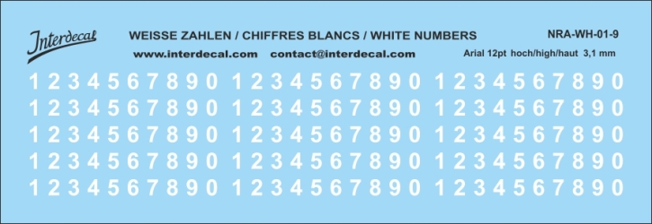 Numbers Arial 09 12pt 3,1mm high Waterslidedecals white 111x23mm INTERDECAL