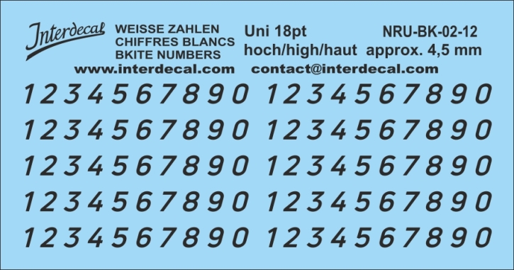 Chiffres "Uni Nouvelles" 12 italique 18pt 4,5mm haut Décalcomanies noir